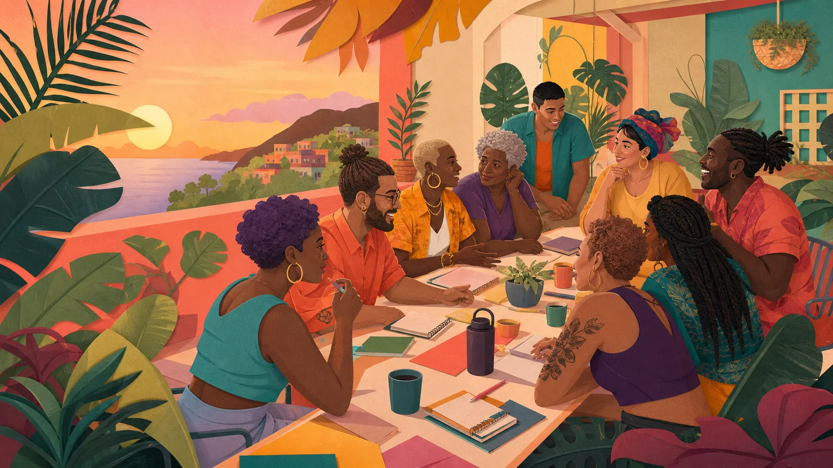 Communauté LGBTQ+ caribéenne réunie autour d’une table.