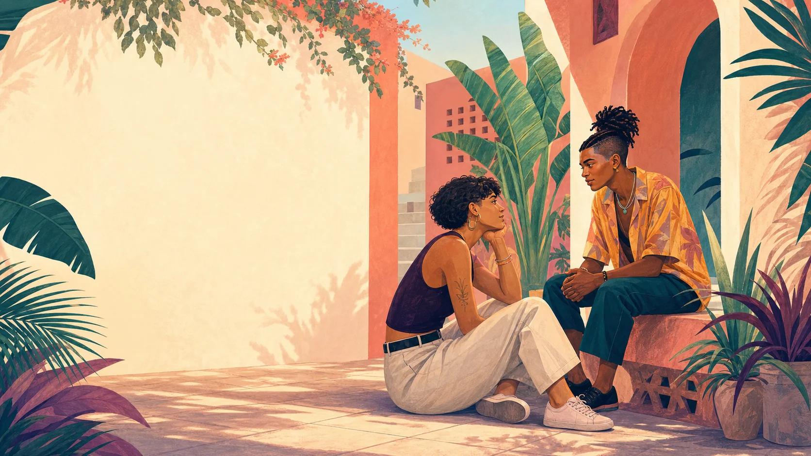 Deux jeunes LGBTQ+ échangent dans un patio tropical.